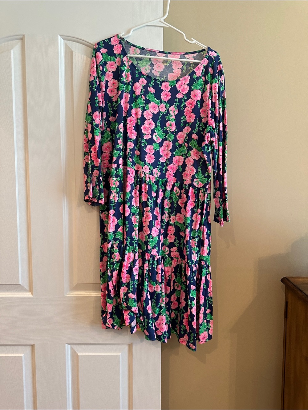 LIlly Pulitzer Navy Floral Pink Rose Tiered Dress XXL Excellent Condition